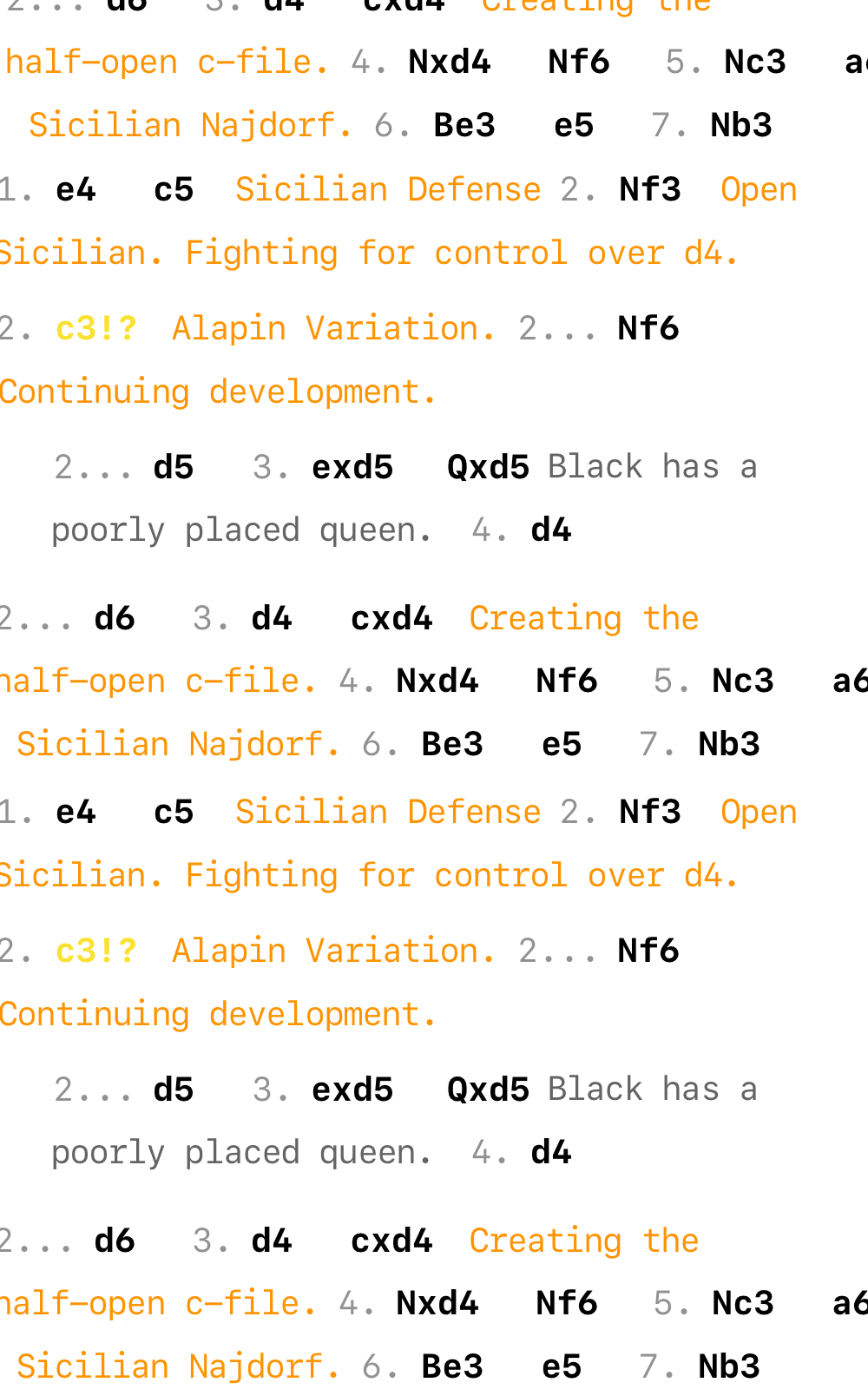 PGN move text with detailed annotations including comments and NAGs.