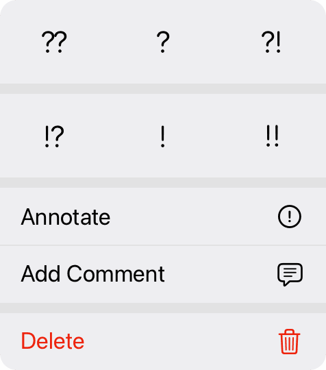 Move context menu with annotation tools to add comments or NAGs to a chess move in PGN analysis on iOS.