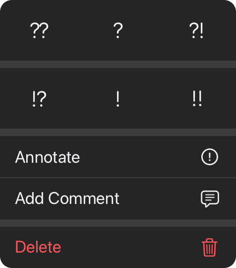Move context menu with annotation tools to add comments or NAGs to a chess move in PGN analysis on iOS.