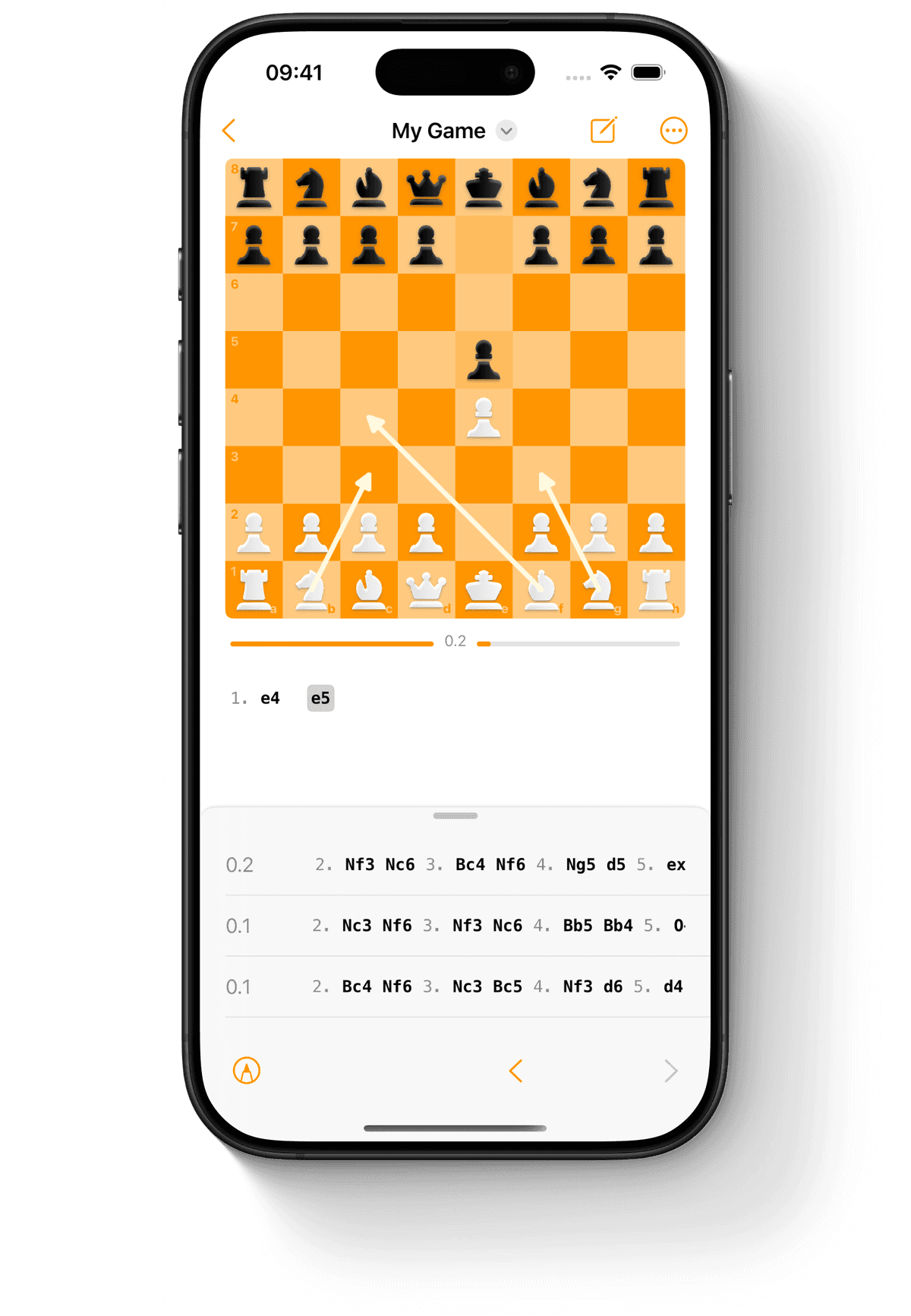 Chess engine suggestions with multiple move recommendations and evaluation scores for PGN analysis on iPhone.