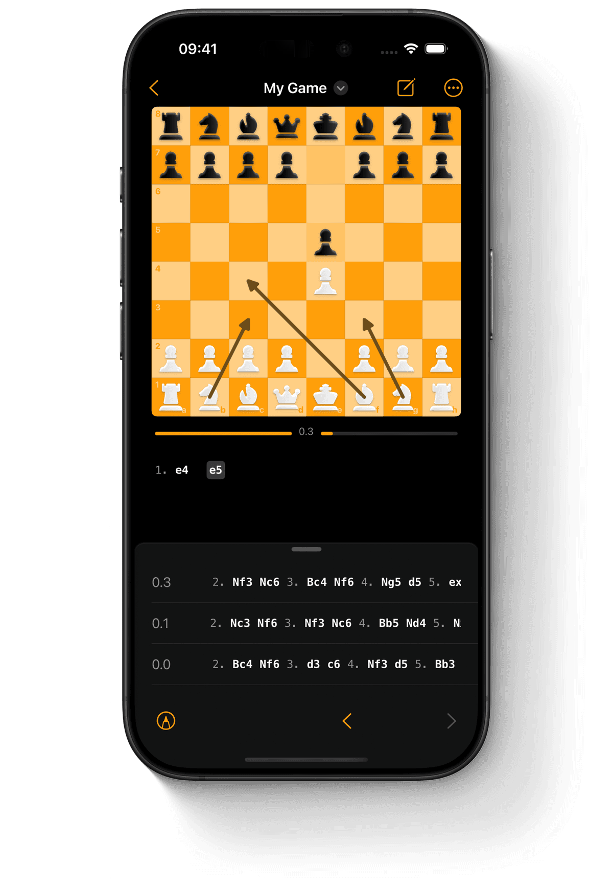 Chess engine suggestions with multiple move recommendations and evaluation scores for PGN analysis on iPhone.