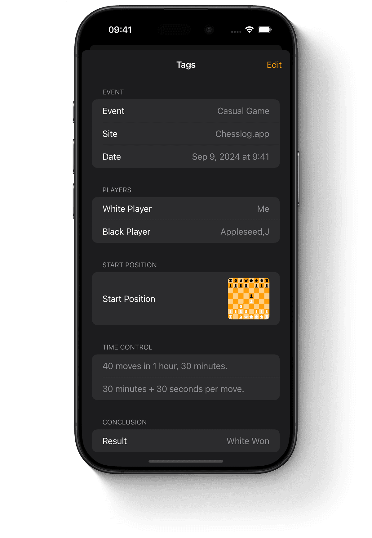 Tag list view displaying detailed PGN game metadata including event, date, players, result, and additional tags on iPhone.
