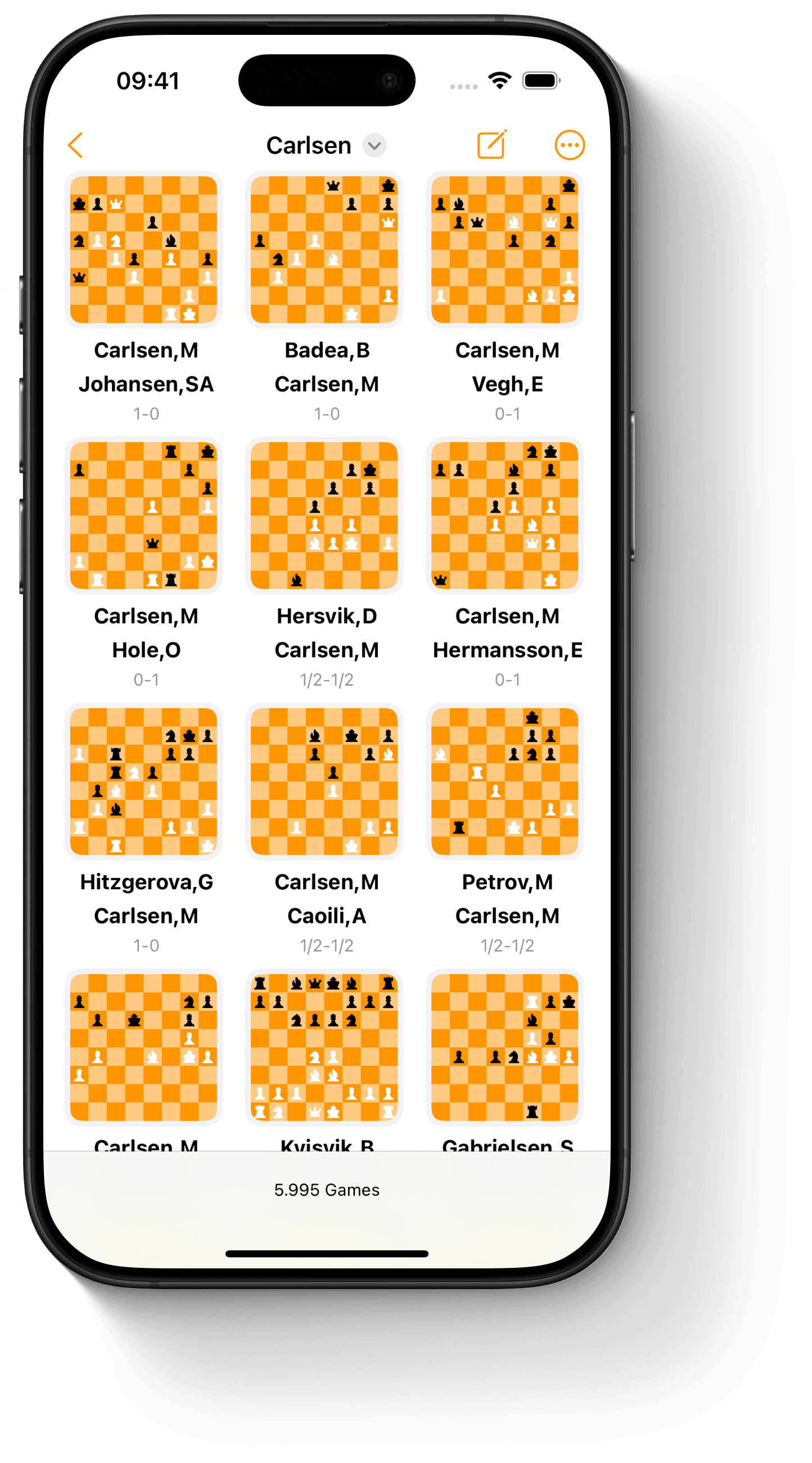 Chess game database view displaying saved PGN games on iPhone.