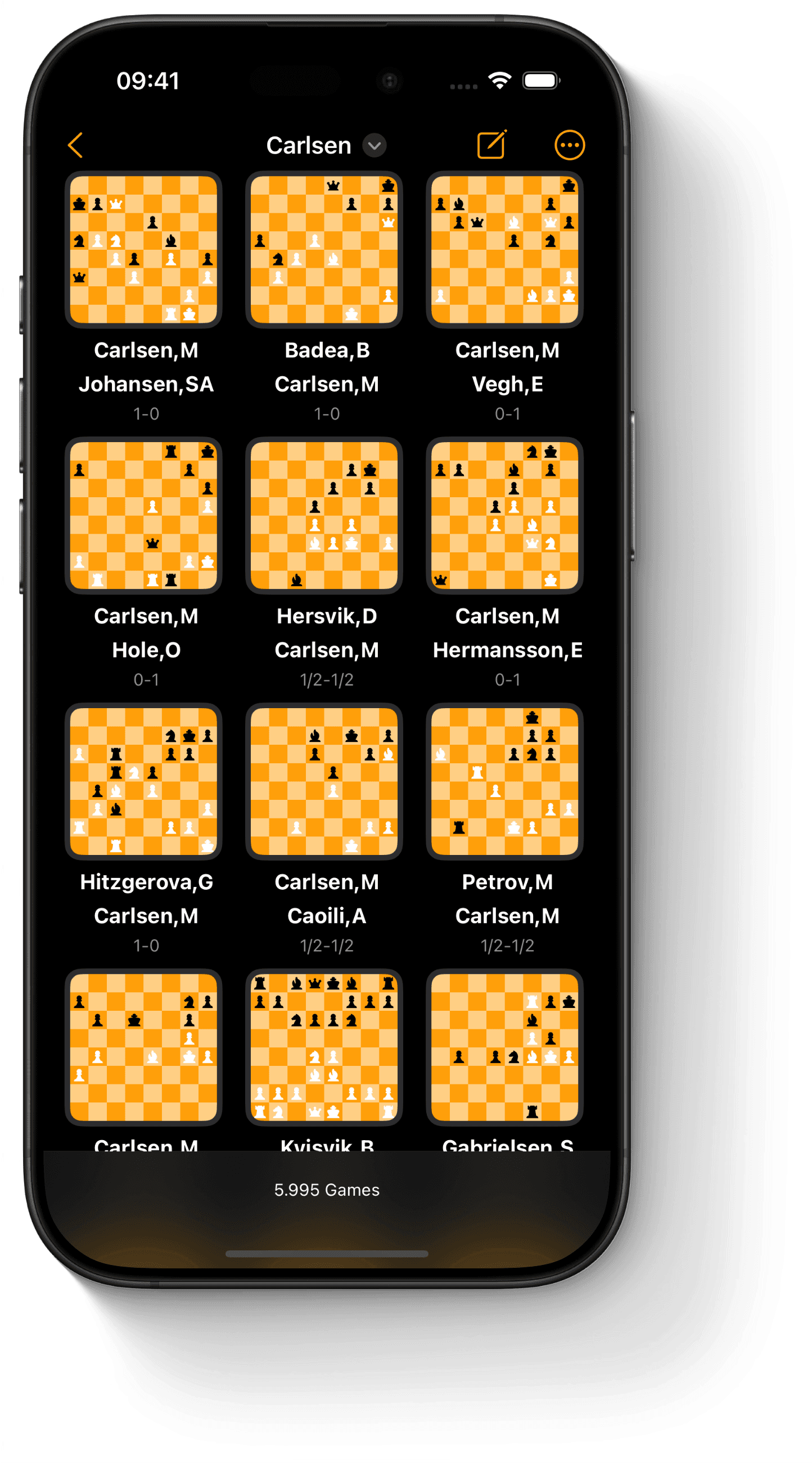 Chess game database view displaying saved PGN games on iPhone