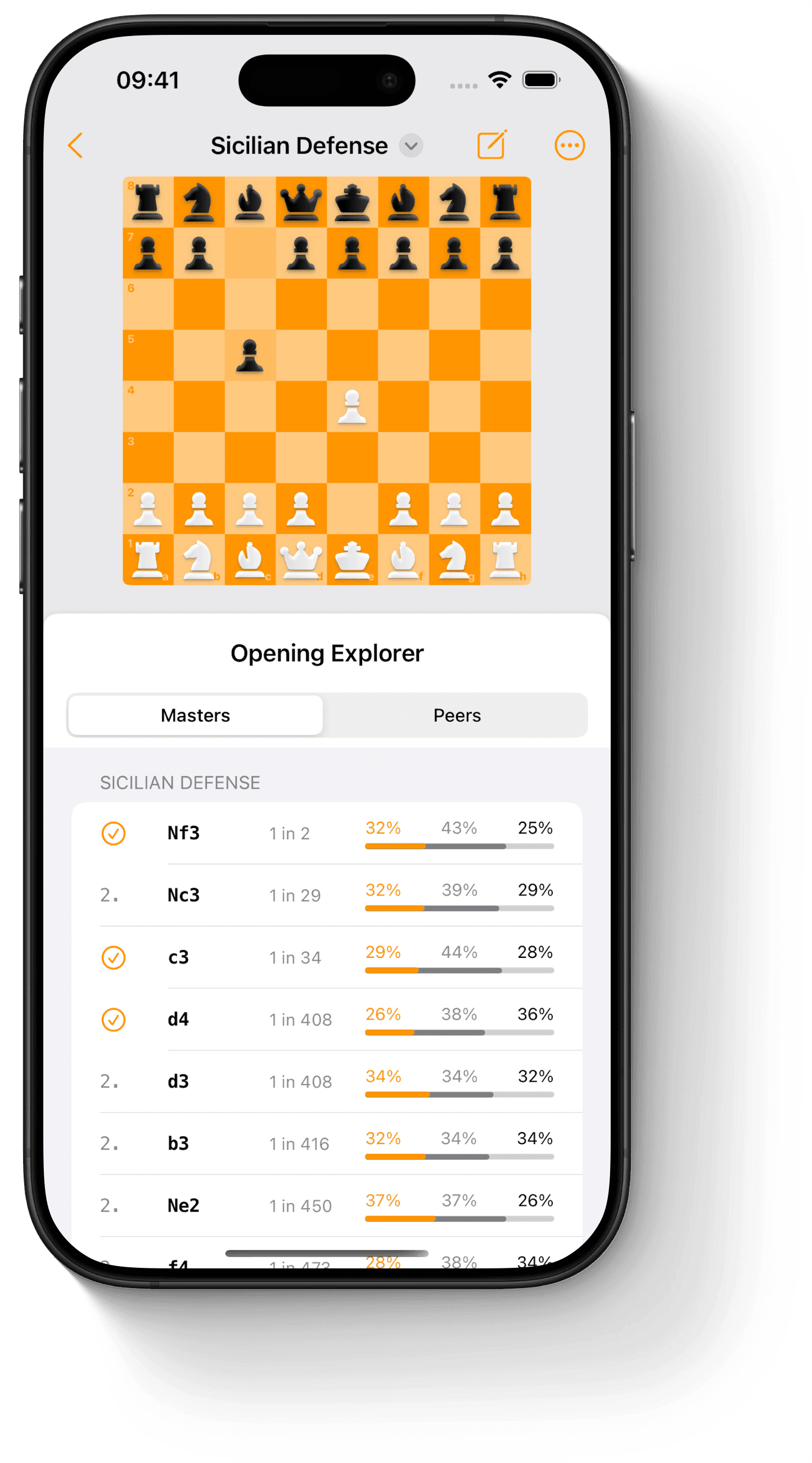 Opening explorer view displaying chess openings and move statistics on iPhone.