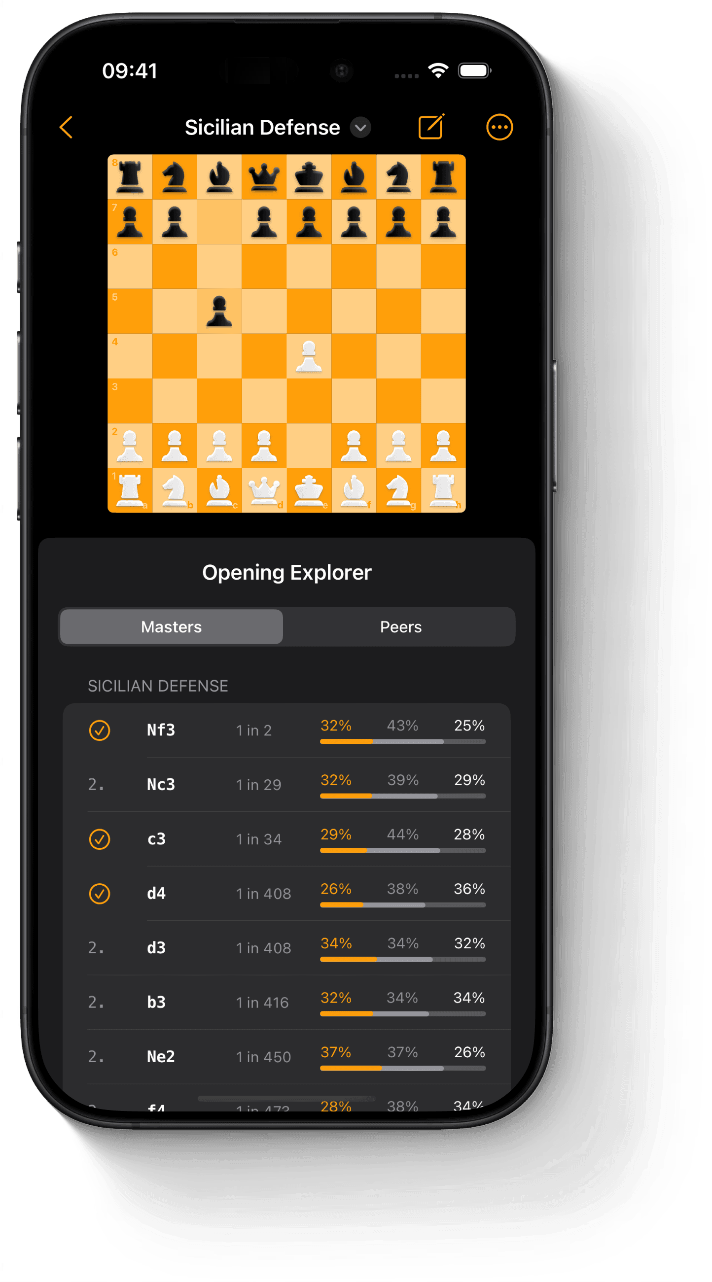 Opening explorer view displaying chess openings and move statistics on iPhone.