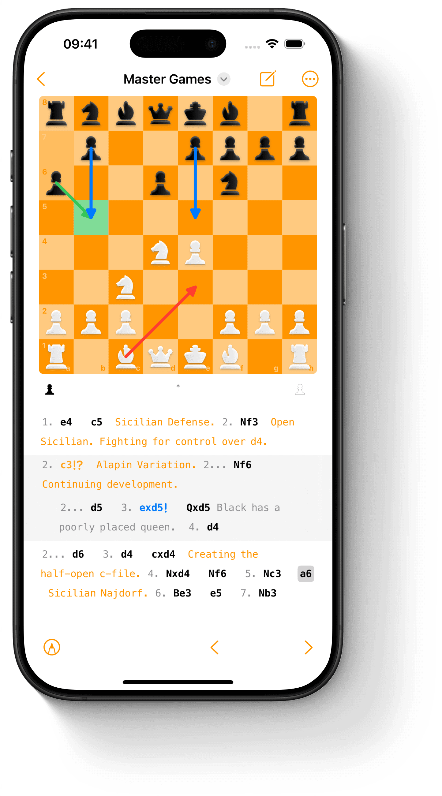 Game detail screen with move list, annotations and analysis tools on iPhone.