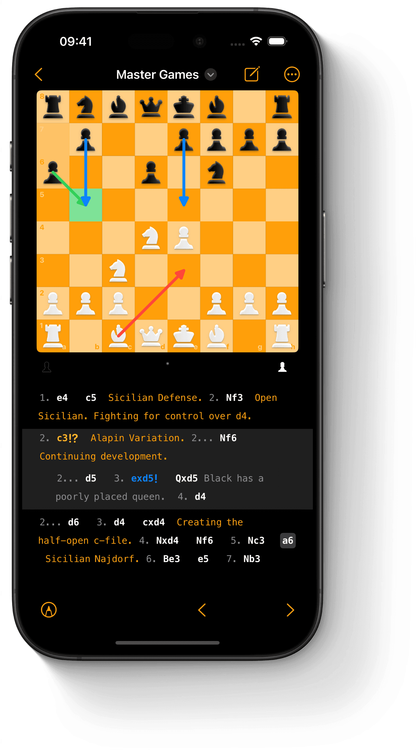 Game detail screen with move list, annotations and analysis tools on iPhone.